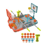 Toy basketball game set with two basketball hoops, balls, and digital score display on a white background.