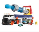 Toy set with a large cannon-like device and multiple small cars on a white background, featuring the brand 'HUANUO'.