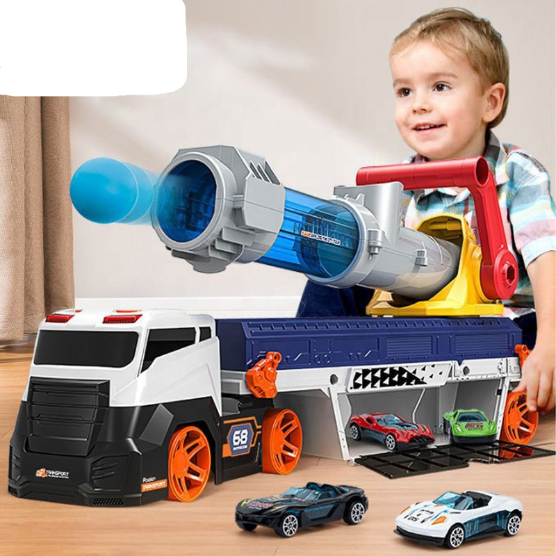 Child playing with a toy truck and cars set, featuring the HUANUO brand.