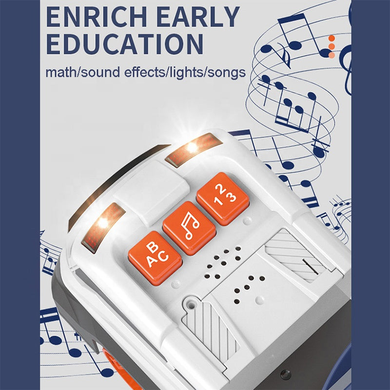 Educational device with buttons labeled '1', '2', '3' and 'ABC' on a musical note background, promoting enrich early education.