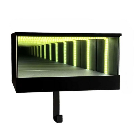Display case with green LED lighting on a white background