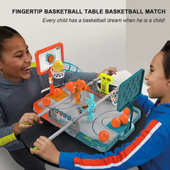 Two children playing with a fingertip basketball table game.