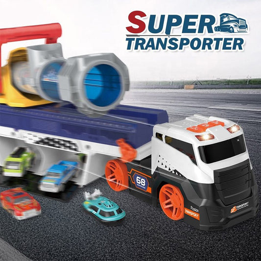 Toy truck with trailer and cars on a road, featuring 'Super Transporter' branding.