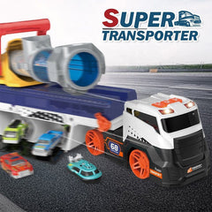 Toy truck with trailer and cars on a road, featuring 'Super Transporter' branding.